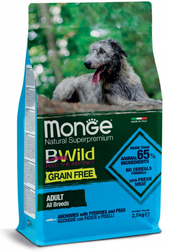 MONGE BWILD GRAIN FREE DOG ACCIUGHE, PATATE E PISELLI 2,5KG