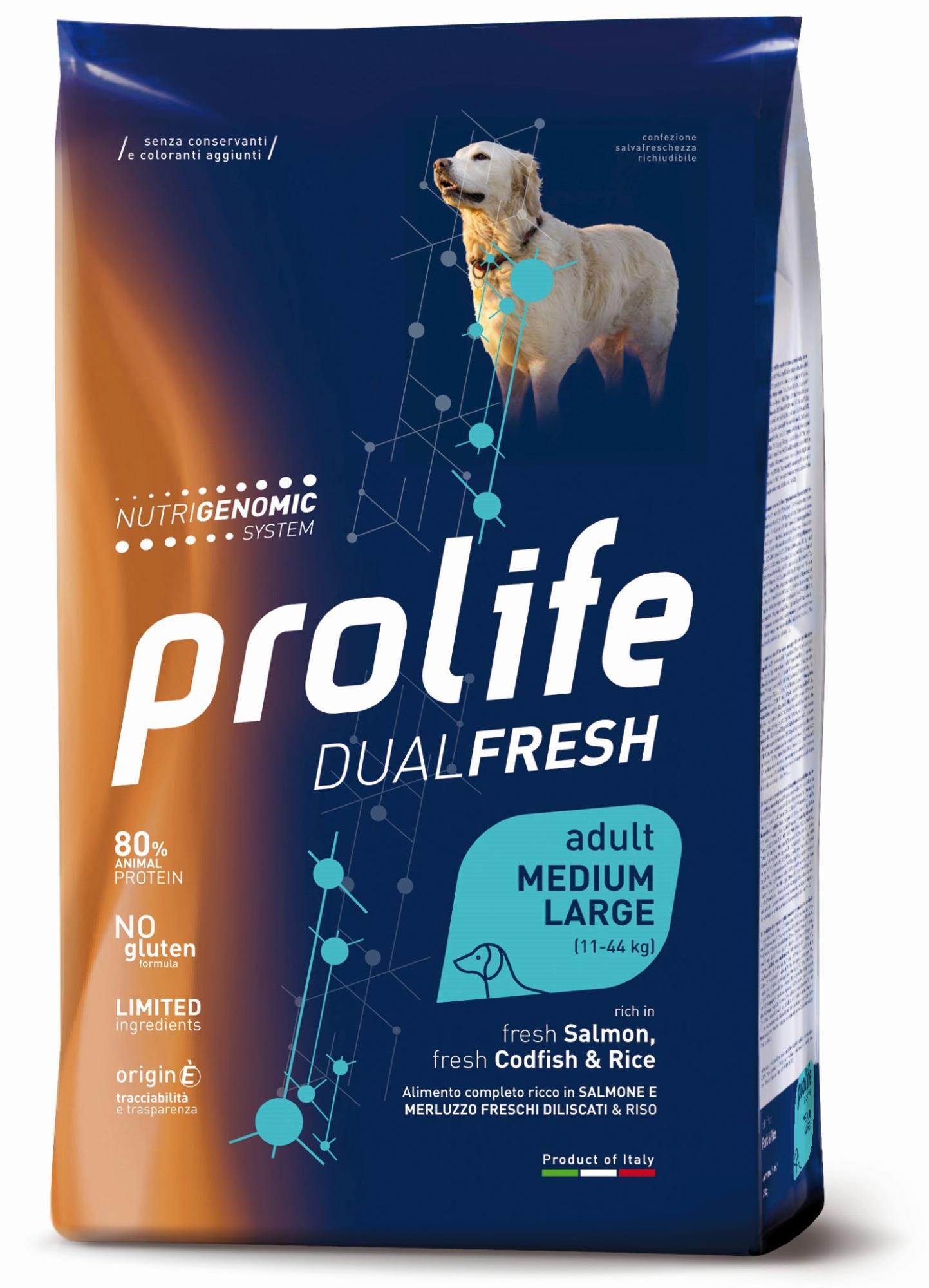 PROLIFE DOG DUAL FRESH ADULT SALMON/CODFISH&RICE MEDIUM/LARGE 12KG