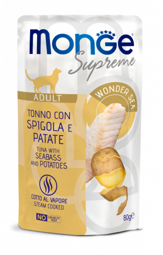 MONGE BUSTE SUPRIME ADULT TONNO, SPIGOLA E PATATE 80GR